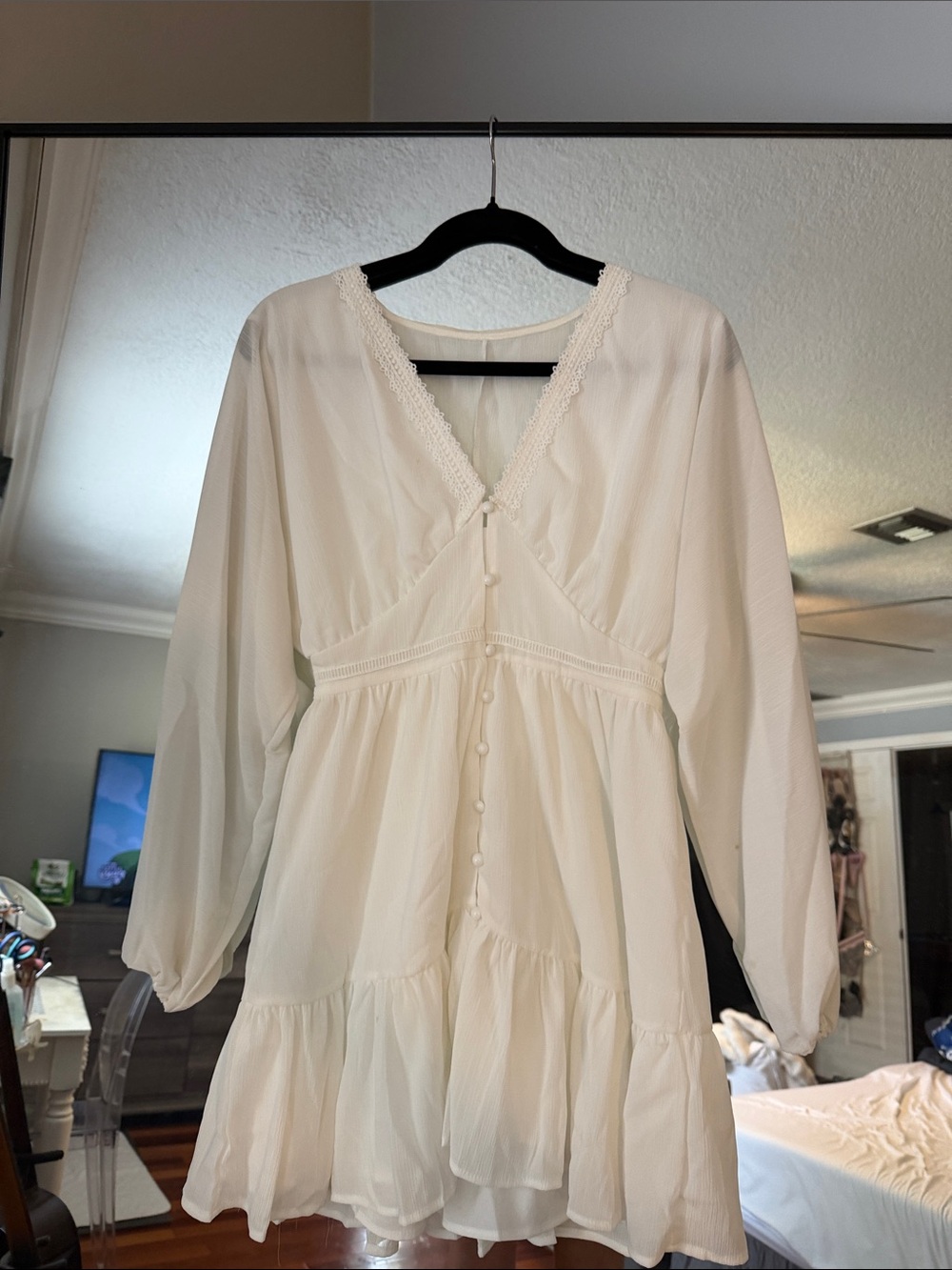 Long Sleeve White V-Neck Tiered Button-Front Dress/bathing suit coverup